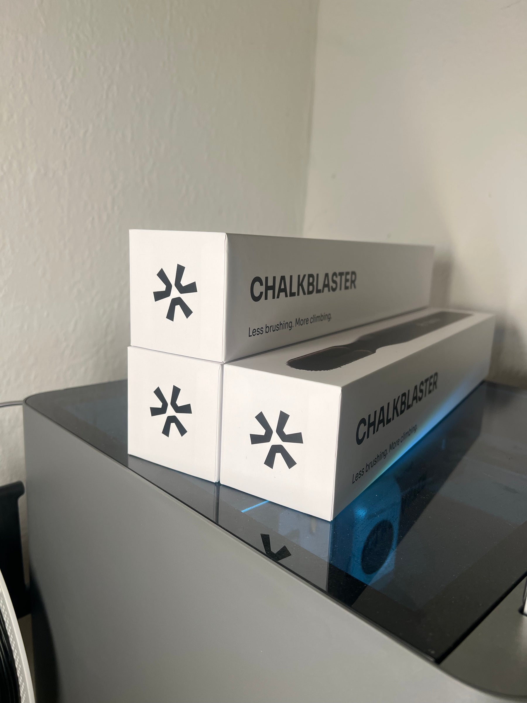 ChalkBlaster boxes sitting on top of bambulab 2PS 3D printer