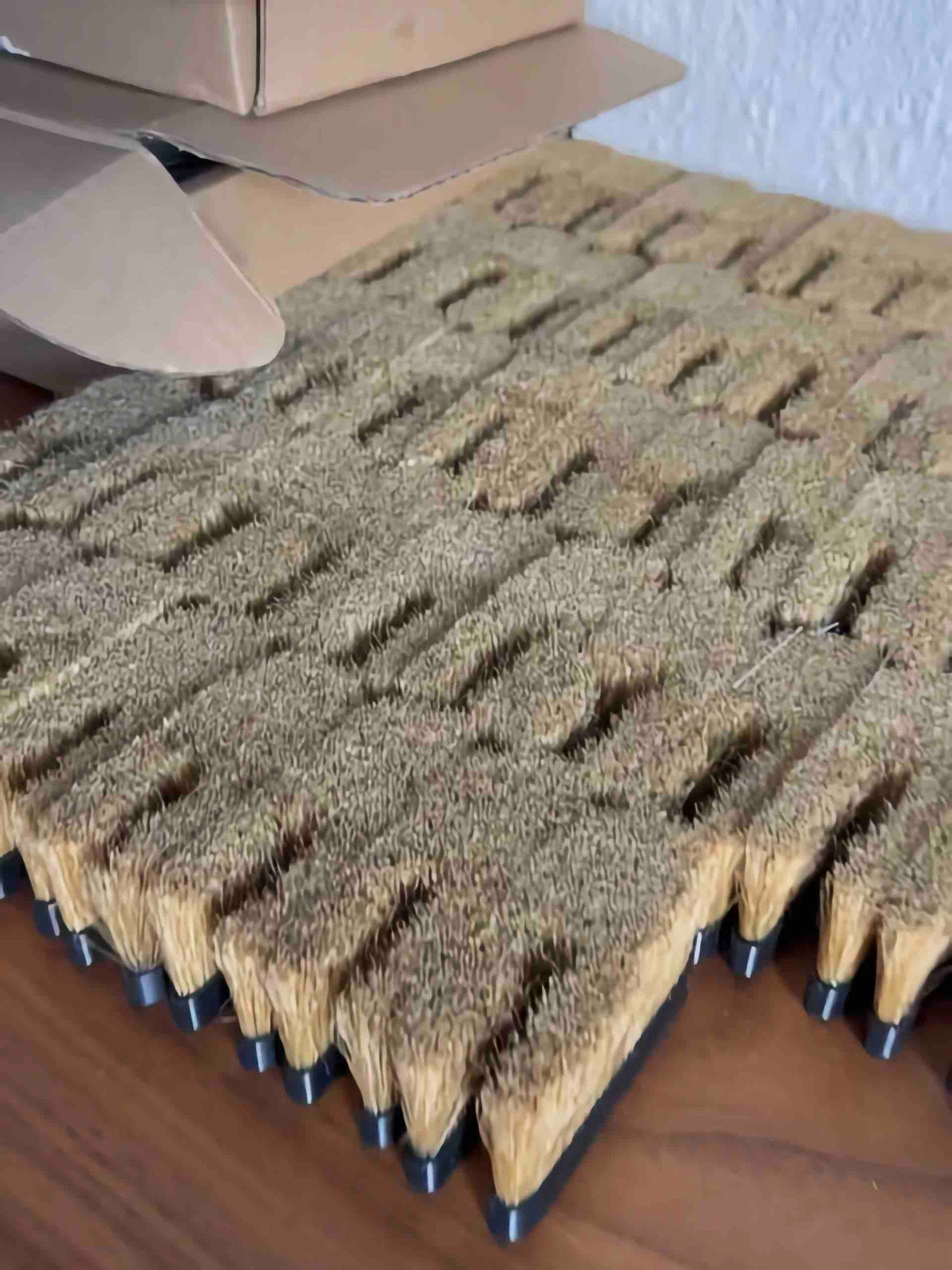A stack of boar bristle inserts for ChalkBlaster brush heads, freshly unpacked from a shipping box
