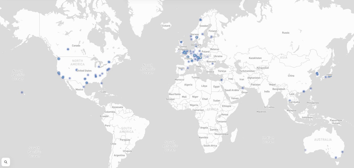 World map heatmap of ChalkBlaster customers, with clusters across North America, Europe, Japan, Korea and Australia