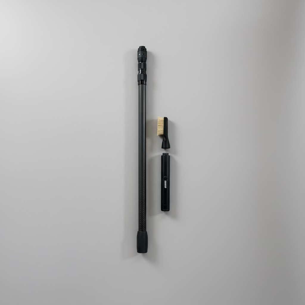 Extension pole carbon fiber next to ChalkBlaster and handmande boar bristle brush head.