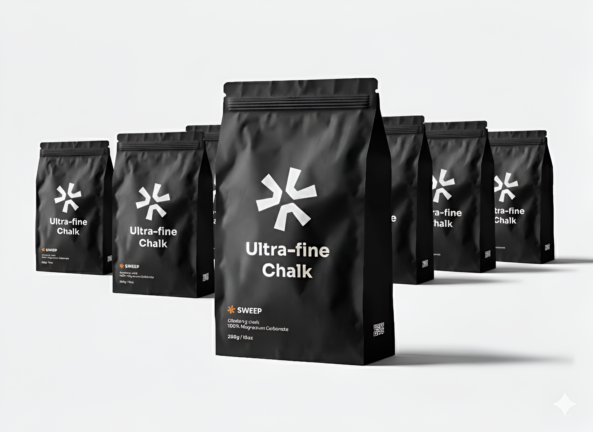 Eight Black bag of ultra-fine chalk with 'Sweep' branding on a white background