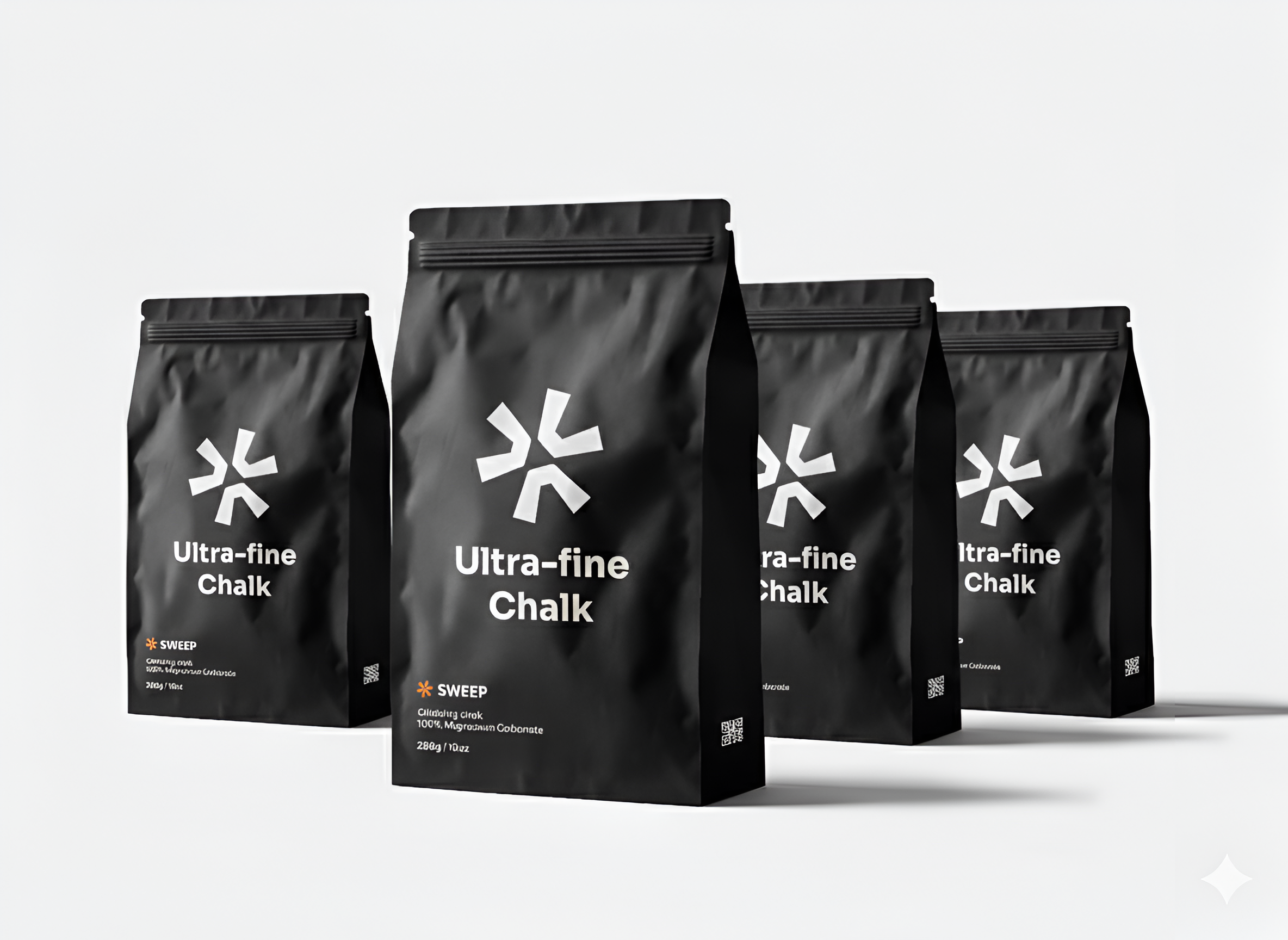 Four Black bag of ultra-fine chalk with 'Sweep' branding on a white background